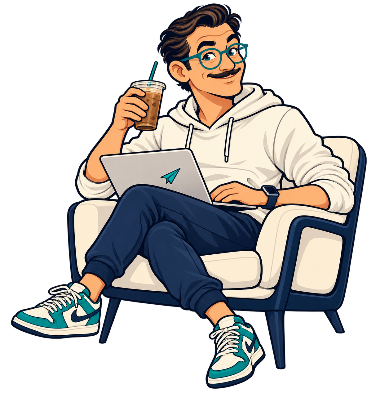 Moe in casual workout clothes relaxing in a lounge chair with coffee and a laptop