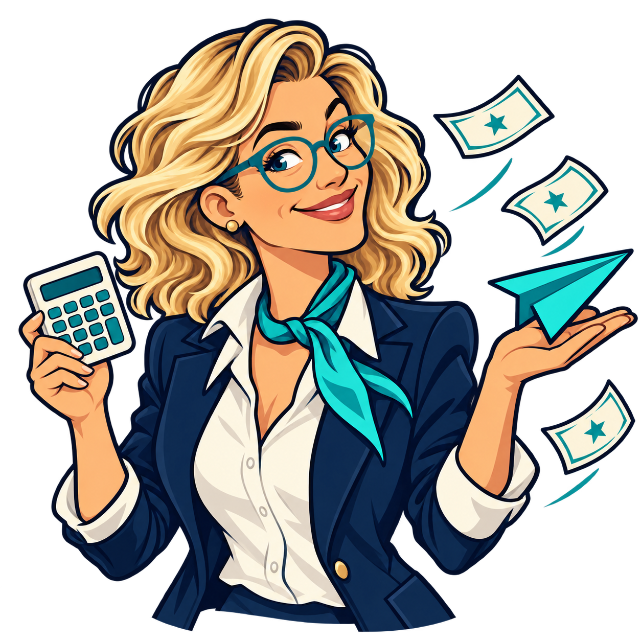 Moe reimagined as a blonde woman with teal glasses, a calculator and a paper airplane