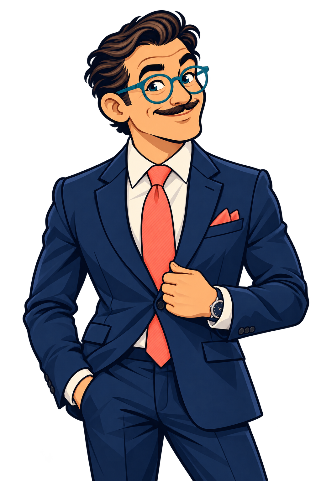 Moe in a stylish navy suit with a bright coral tie