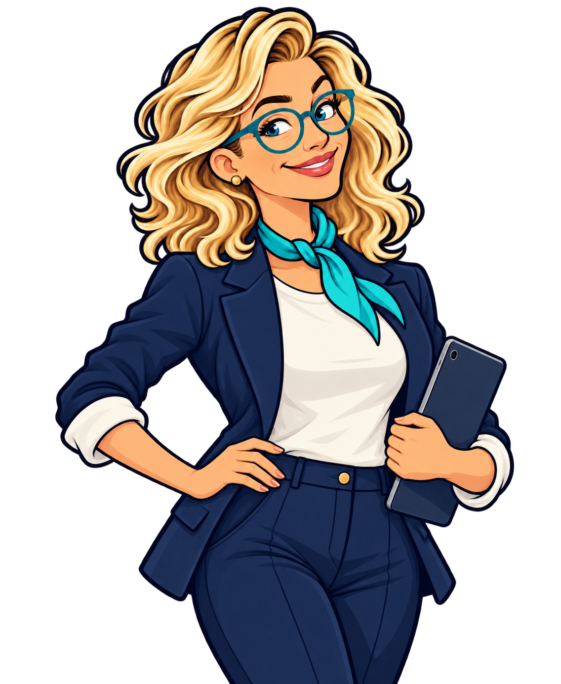 Our blonde coastal character with teal glasses, hand on hip and tablet at her side