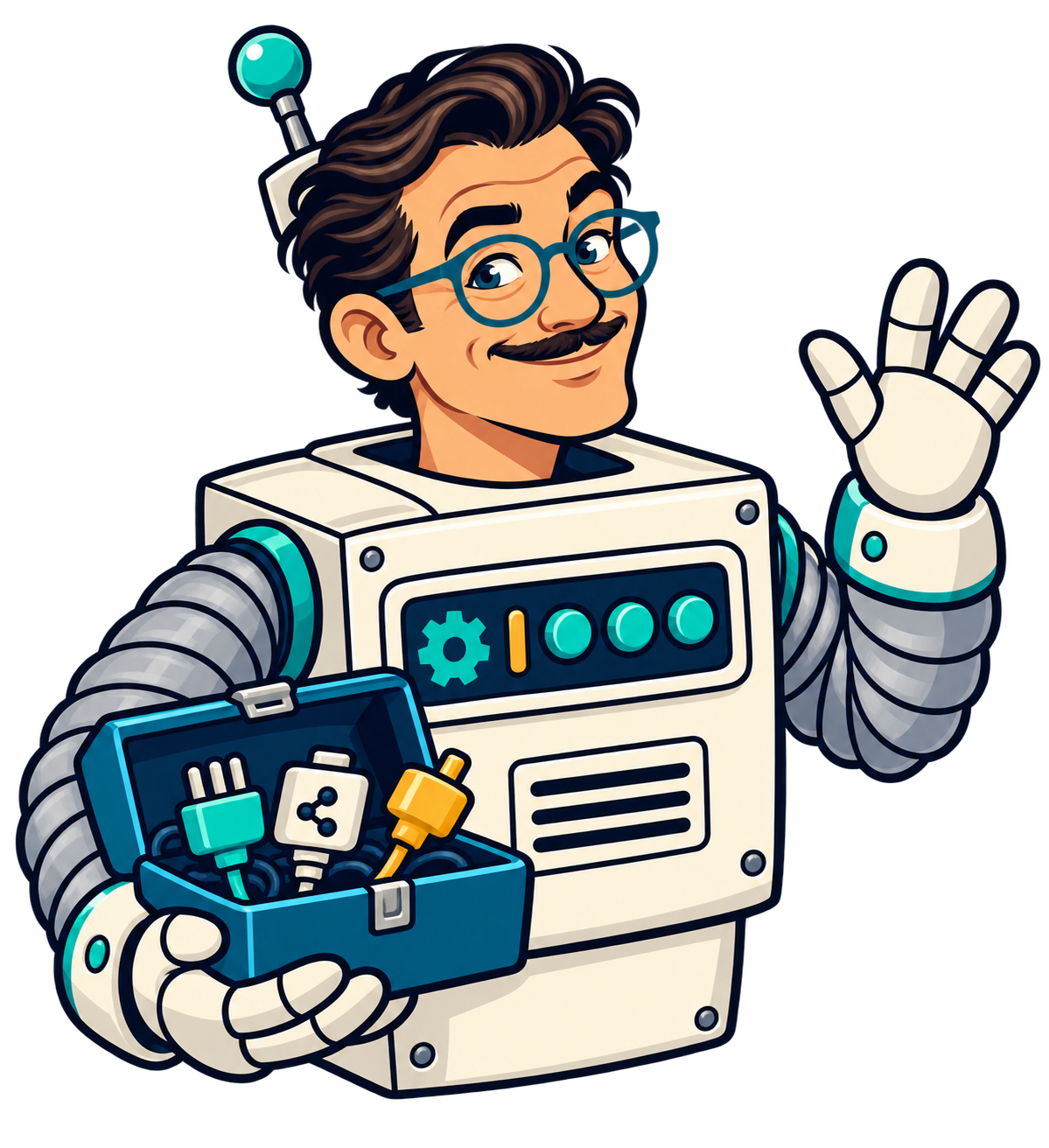 Moe in a playful robot costume, holding a toolbox of connectors