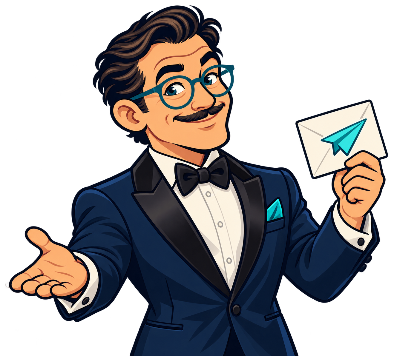 Moe in a navy tuxedo and bow tie, holding an invitation and welcoming you