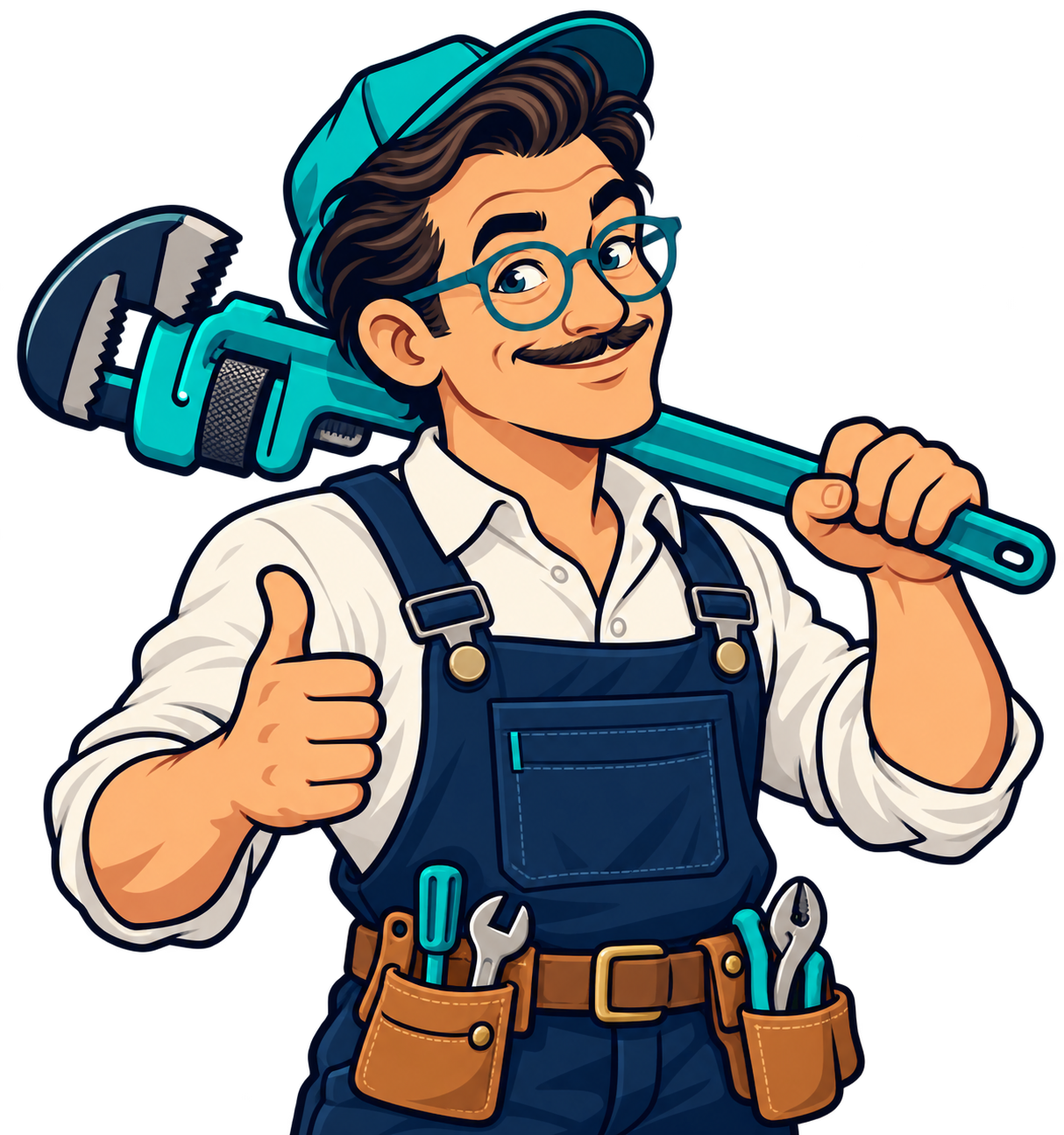 Moe in work overalls holding a pipe wrench and giving a thumbs-up